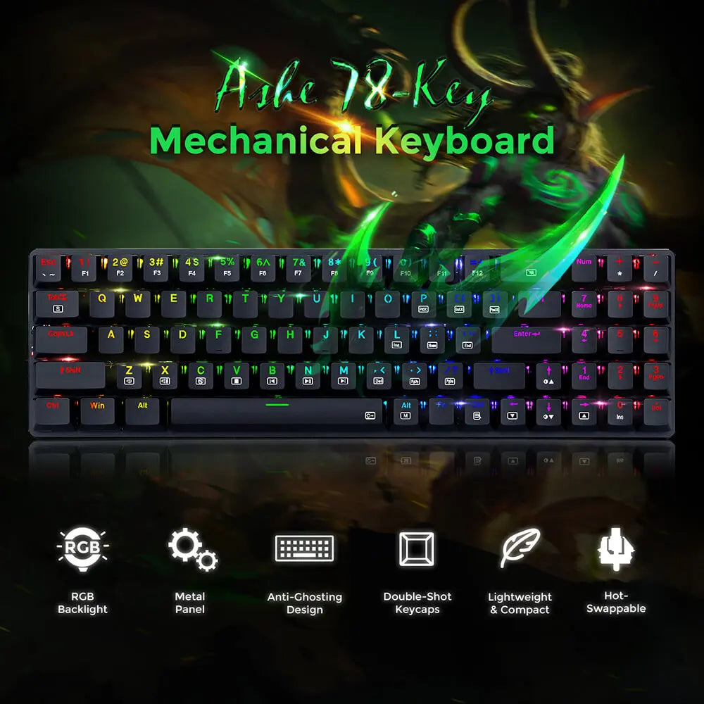 Redragon K626P-KB Ashe 78 Keys Wired RGB Compact Mechanical Keyboard Ultra-Thin with Numpad Blue Switch