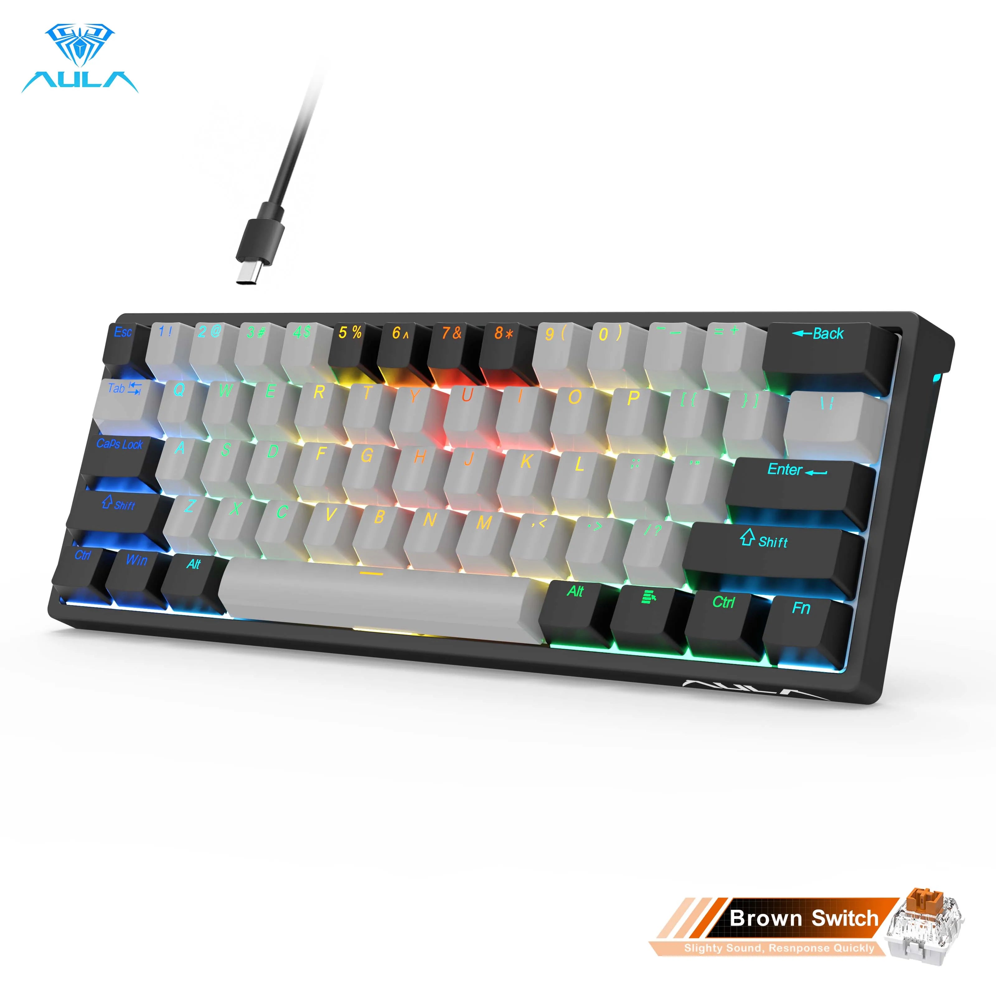 AULA RGB 60 Percent Wired Gaming Mechanical Keyboard Mini Compact USB Hot-Swappable Keyboards with Brown Switches for PC Laptop