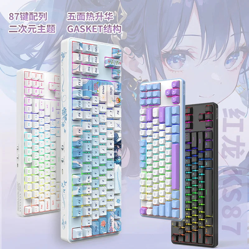 REDRAGON KS87 Mechanical Keyboard 3Mode 2.4G Wireless Bluetooth Anime Keyboard RGB PBT Customized Gaming Keyboard Girl's Gift