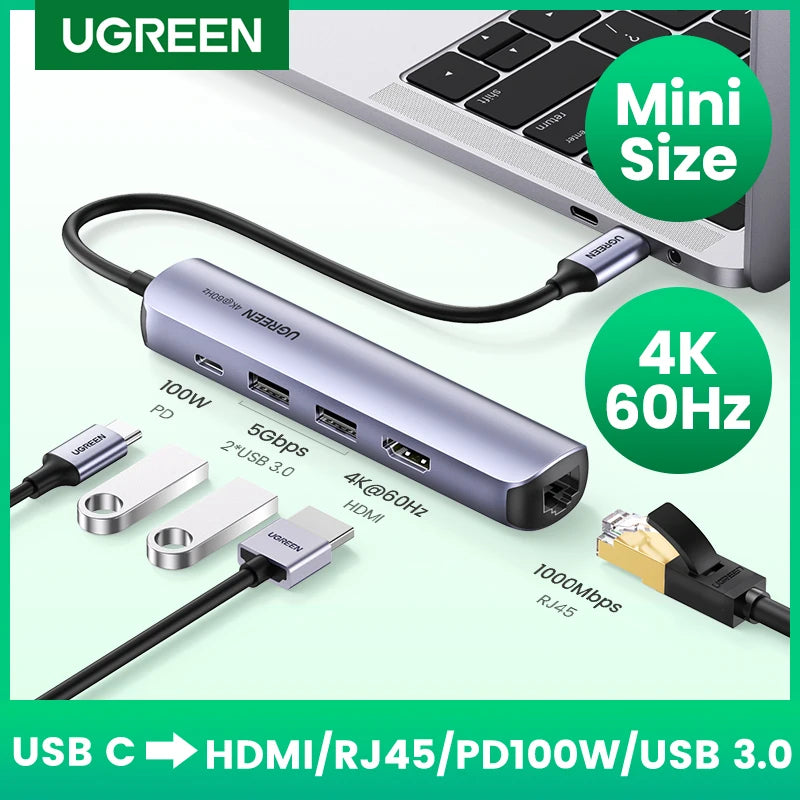 UGREEN USB C Hub 4K 60Hz Mini USB Type C 3.1 to HDMI RJ45 PD USB 3.0 OTG Adapter USB C Dock for MacBook Air Pro 2020 PC USB HUB