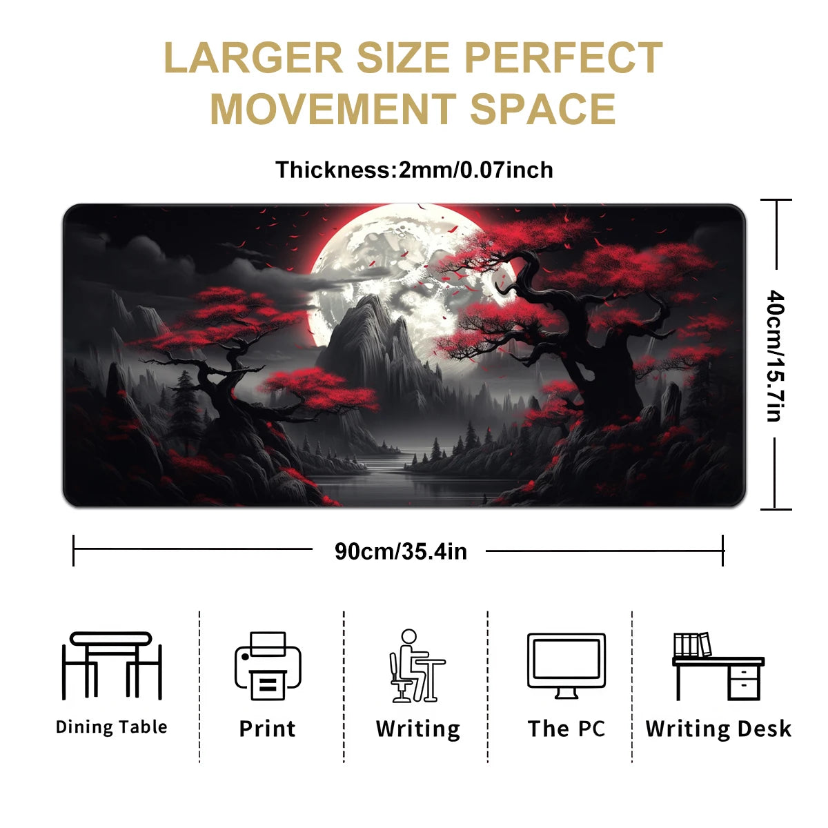 1pc Darkness Red Moon Large Gaming Mouse Pad Multi-size Non-Slip Stitched Edge Computer Keyboard Desk Mat For Office Home Gift