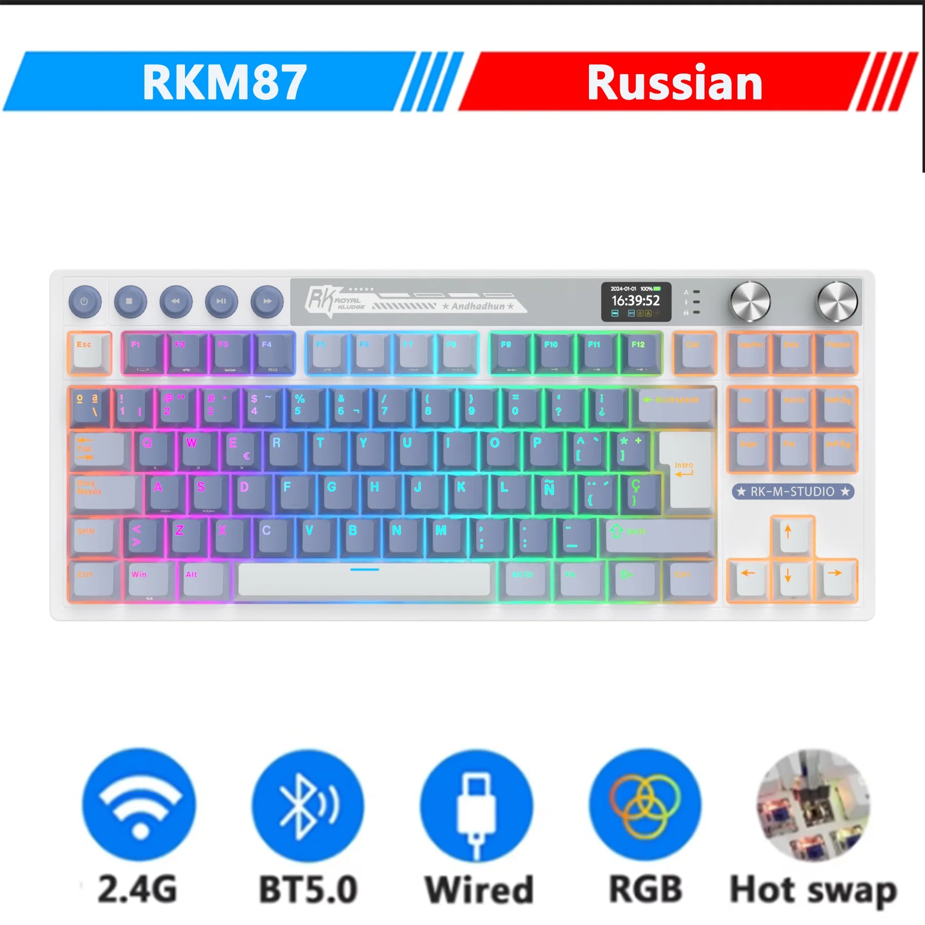 M87 RK ROYAL KLUDGE Mechanical Keyboard Wireless/Bluetooth/2.4G/USB-C Hot-Swappable Gasket Gamer Keyboard with TFT Color Screen