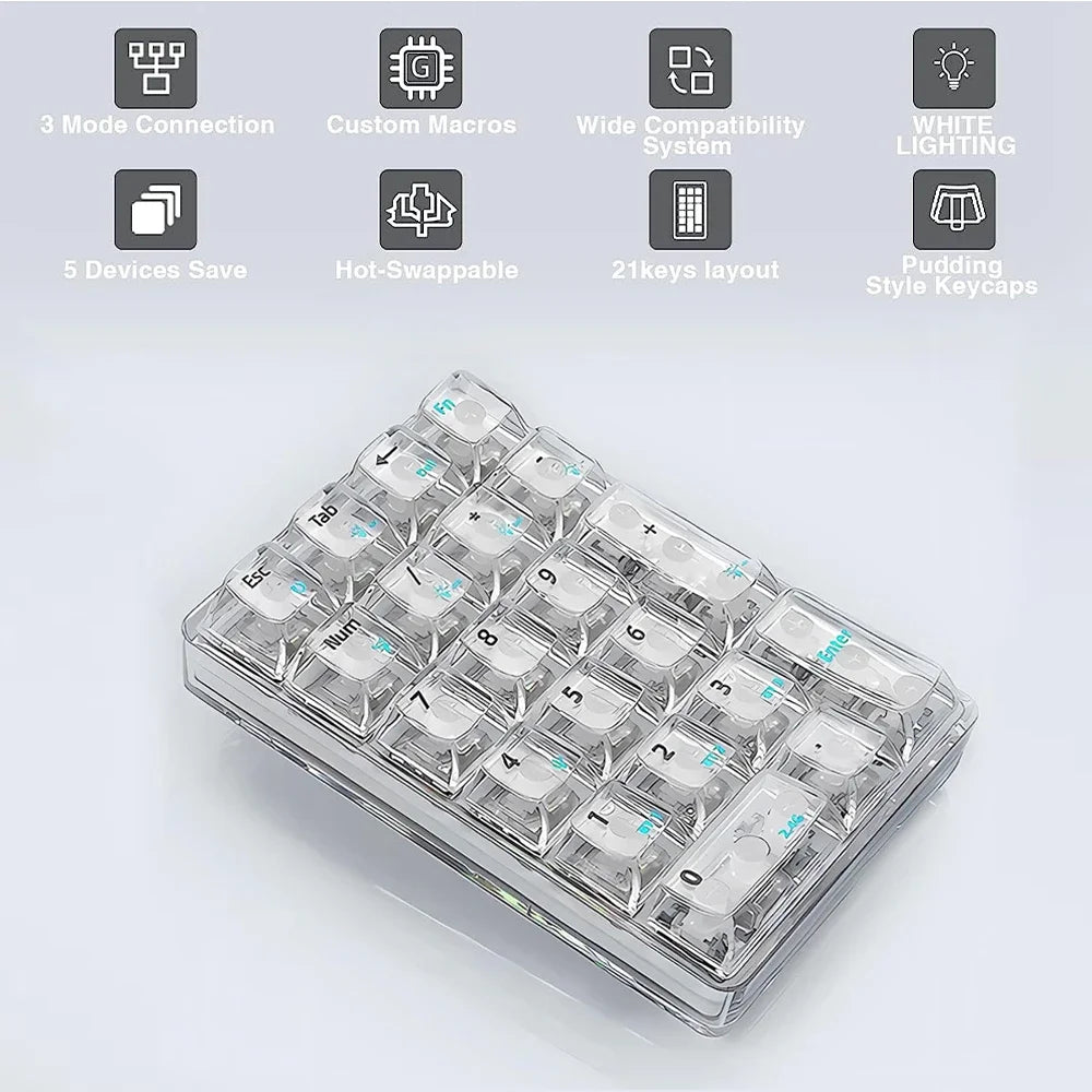 AULA Wireless Numeric Keypad White Backlight Transparent Numeric Keyboard 21 Key Bluetooth Wireless Numeric Mechanical Keyboard