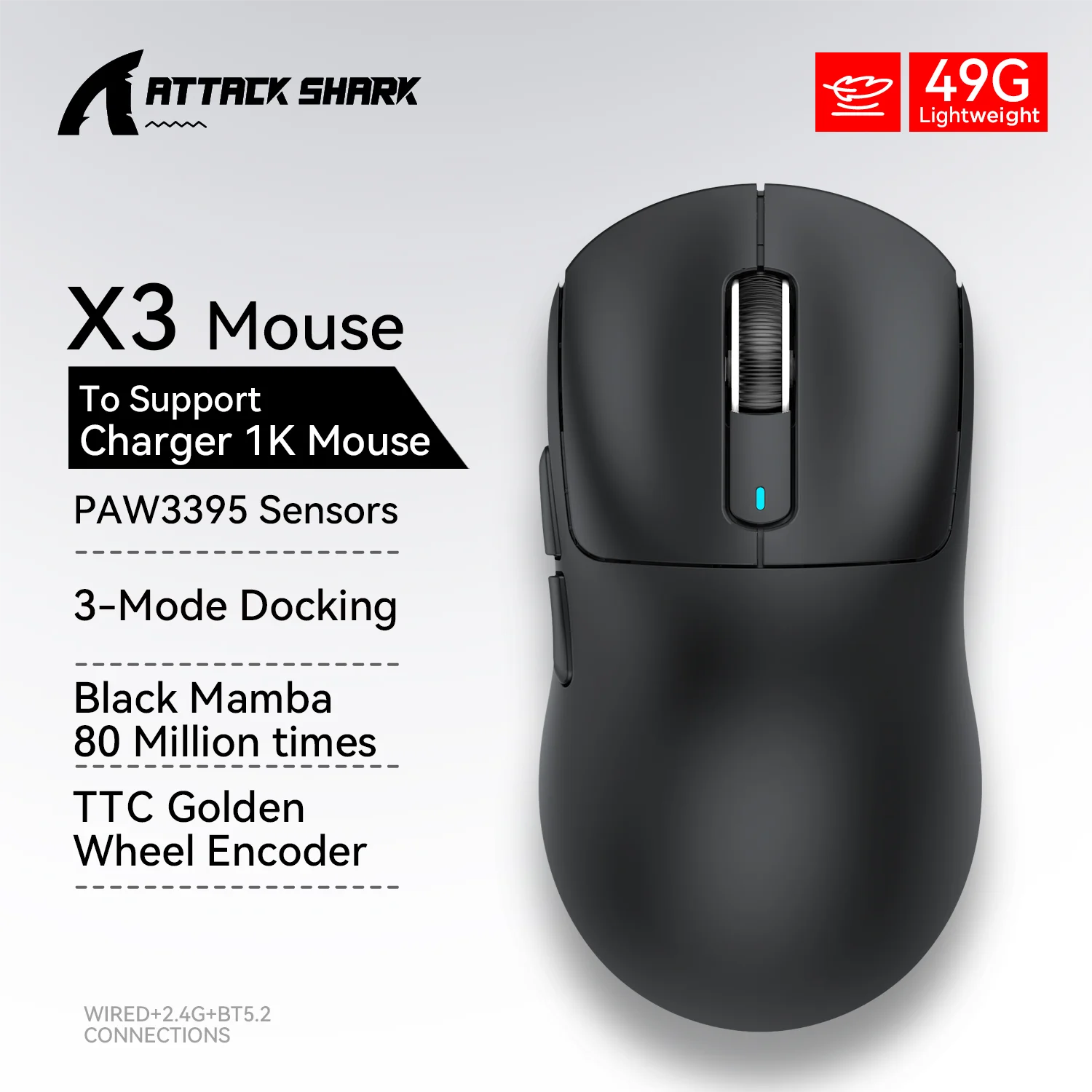 Attack Shark X3pro X3 Wireless Mouse, Macro Gaming Mouse,Lightweight Mouse,PixArt PAW3395 650IPS 26000dpi,Mouse for pad/pc/mac