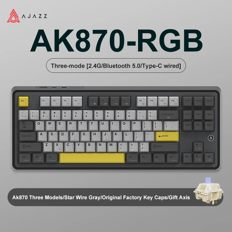 NEW AJAZZ AK870 Tri-mode RGB Bluetooth 2.4GHz Wireless Gaming Mechanical Keyboard with USB Wired 87 Keys Hot Swap for PC Laptop