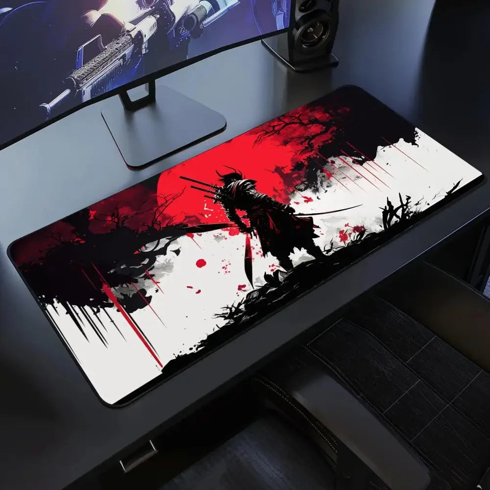 Japanese Samurai Desk Mat XXL Black and White Gaming keyboard mat large Oni Samurai extended deskpad Ghost of Tsushima Mousepad