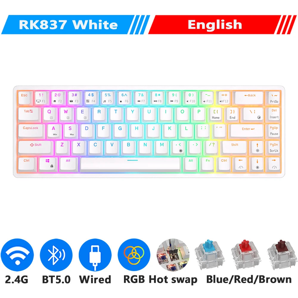 RKG68 RK837 Wireless Mechanical Keyboard 68 Key 65% RGB Backlight Hot Swappable 2.4Ghz Bluetooth USB Wired Gaming Royal Kludge