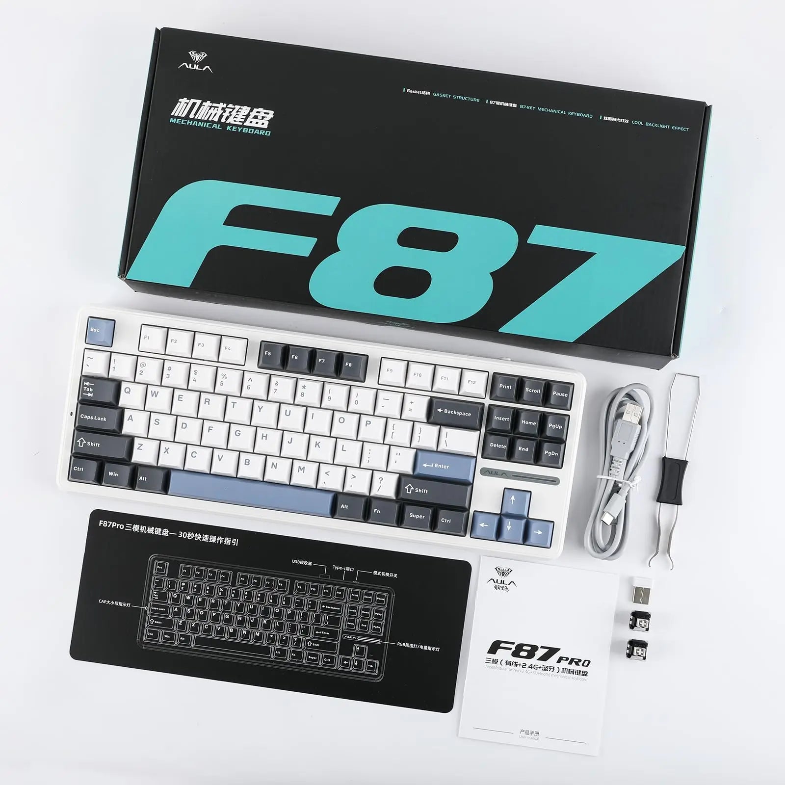 Aula F87 Pro Wireless Gasket Mechanical Keyboard 87 Keys Compact TKL Tri-Mode BT/2.4G/Tpye-C RGB Gaming Keyboard Hot Swappable