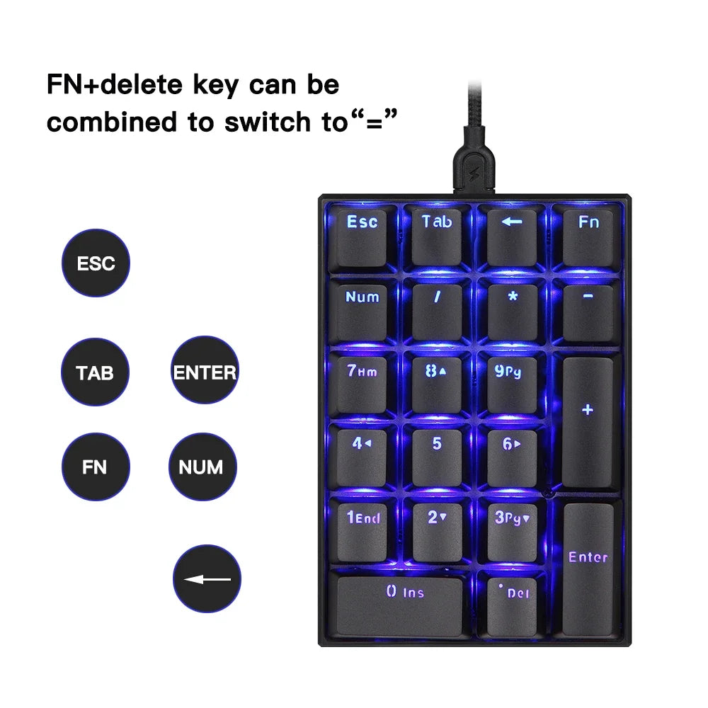 K23 Numeric Keypad 21 Keys USB Wired Numpad Gaming Mechanical Motospeed Keyboard LED Backlight Extended For PC Laptops