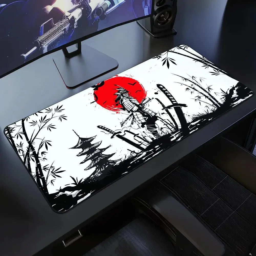 Japanese Samurai Desk Mat XXL Black and White Gaming keyboard mat large Oni Samurai extended deskpad Ghost of Tsushima Mousepad