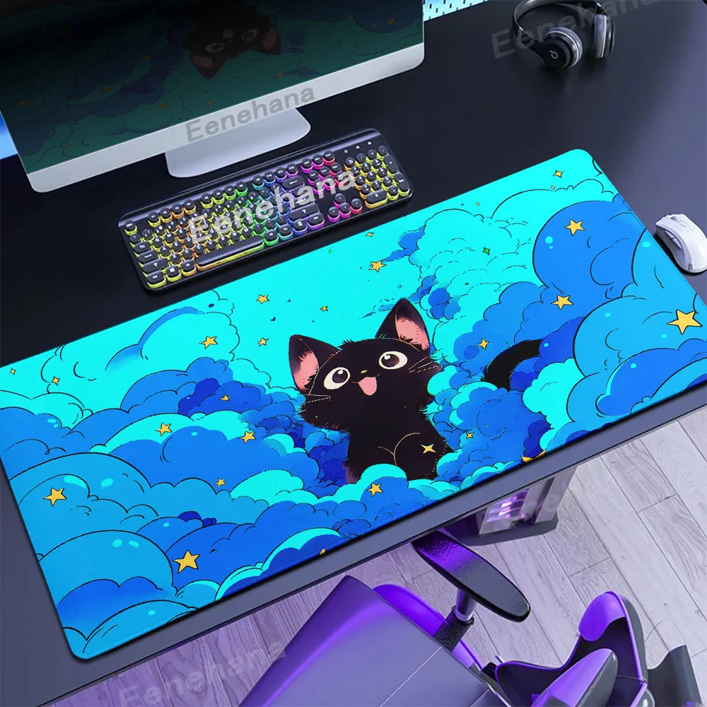 The Black Cat on the Clouds Keyboard Mouse pad Kawaii Art style patterns Pink Desk Mat PC Gamer Rug Office Carpet Home Table pad