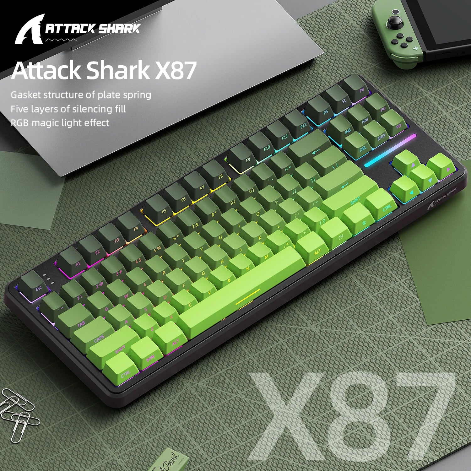 Gaming Keyboard X87 Attack Shark Side Engraved Translucent Character Wireless Mechanical Keyboard,RGB,Hot-Swap,Bluetooth Tri-mod