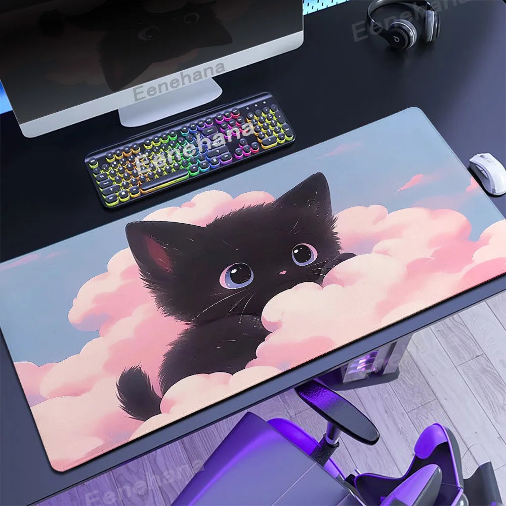 The Black Cat on the Clouds Keyboard Mouse pad Kawaii Art style patterns Pink Desk Mat PC Gamer Rug Office Carpet Home Table pad