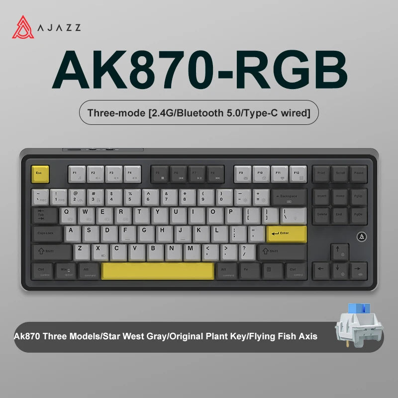 NEW AJAZZ AK870 Tri-mode RGB Bluetooth 2.4GHz Wireless Gaming Mechanical Keyboard with USB Wired 87 Keys Hot Swap for PC Laptop