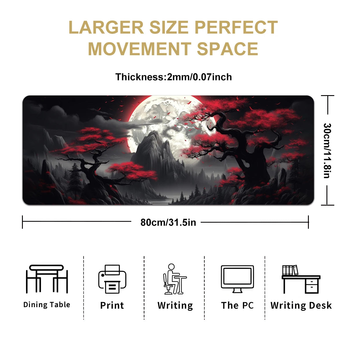 1pc Darkness Red Moon Large Gaming Mouse Pad Multi-size Non-Slip Stitched Edge Computer Keyboard Desk Mat For Office Home Gift