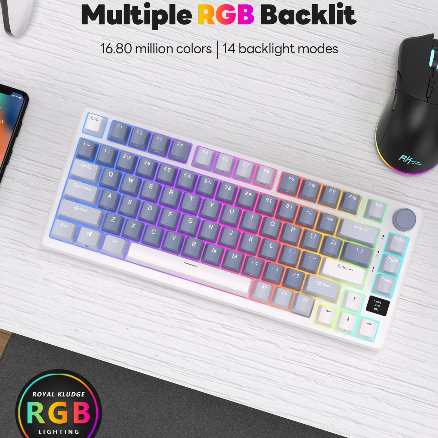 RK ROYAL KLUDGE M75 Gasket Mechanical Keyboard 2.4G Wireless/Bluetooth/USB 75% RGB Hot-Swappable Gaming Keyboard with Display