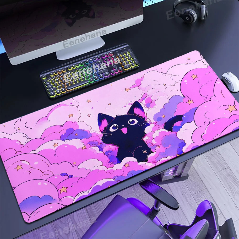 The Black Cat on the Clouds Keyboard Mouse pad Kawaii Art style patterns Pink Desk Mat PC Gamer Rug Office Carpet Home Table pad