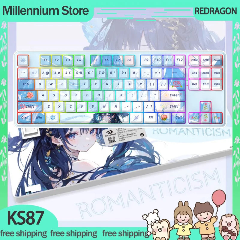 REDRAGON KS87 Mechanical Keyboard 3Mode 2.4G Wireless Bluetooth Anime Keyboard RGB PBT Customized Gaming Keyboard Girl's Gift