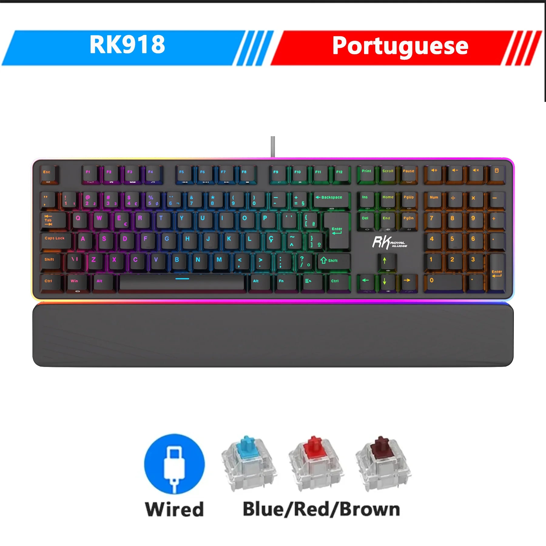 RK ROYAL KLUDGE RK918 Wired Mechanical Keyboard 108 Keys 100% RGB Backlit Gaming Keyboard with Large LED Sorrounding Side Lamp