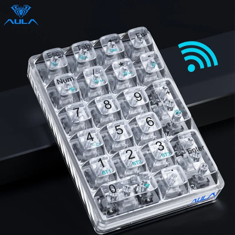 AULA Wireless Numeric Keypad White Backlight Transparent Numeric Keyboard 21 Key Bluetooth Wireless Numeric Mechanical Keyboard