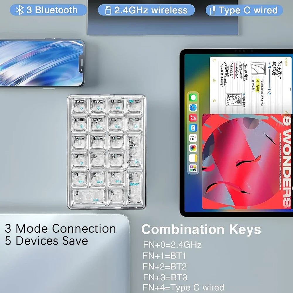 AULA Wireless Numeric Keypad White Backlight Transparent Numeric Keyboard 21 Key Bluetooth Wireless Numeric Mechanical Keyboard