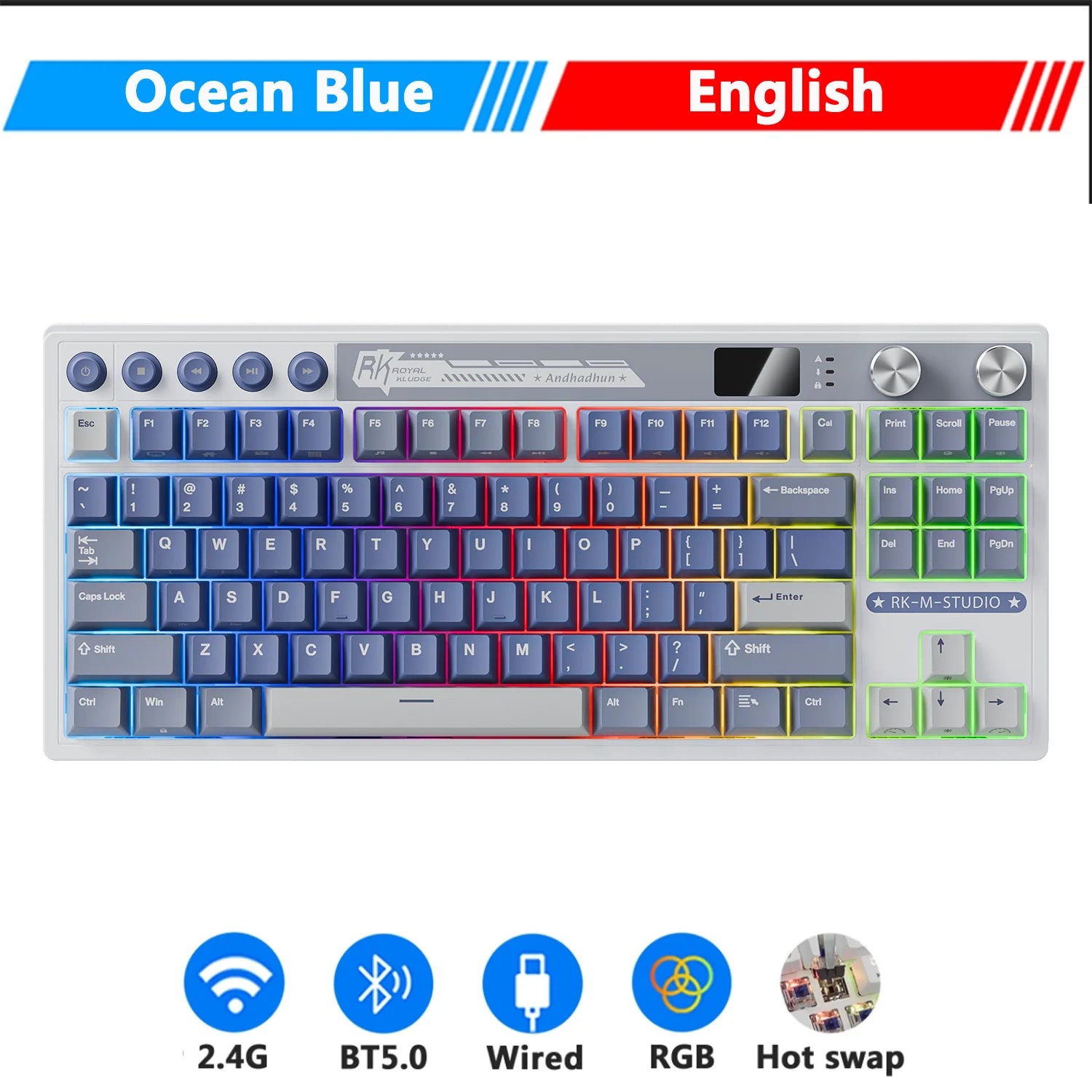 M87 RK ROYAL KLUDGE Mechanical Keyboard Wireless/Bluetooth/2.4G/USB-C Hot-Swappable Gasket Gamer Keyboard with TFT Color Screen