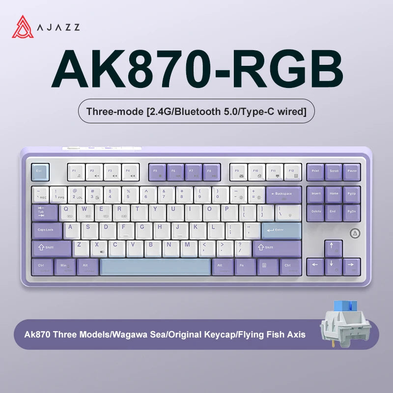 NEW AJAZZ AK870 Tri-mode RGB Bluetooth 2.4GHz Wireless Gaming Mechanical Keyboard with USB Wired 87 Keys Hot Swap for PC Laptop