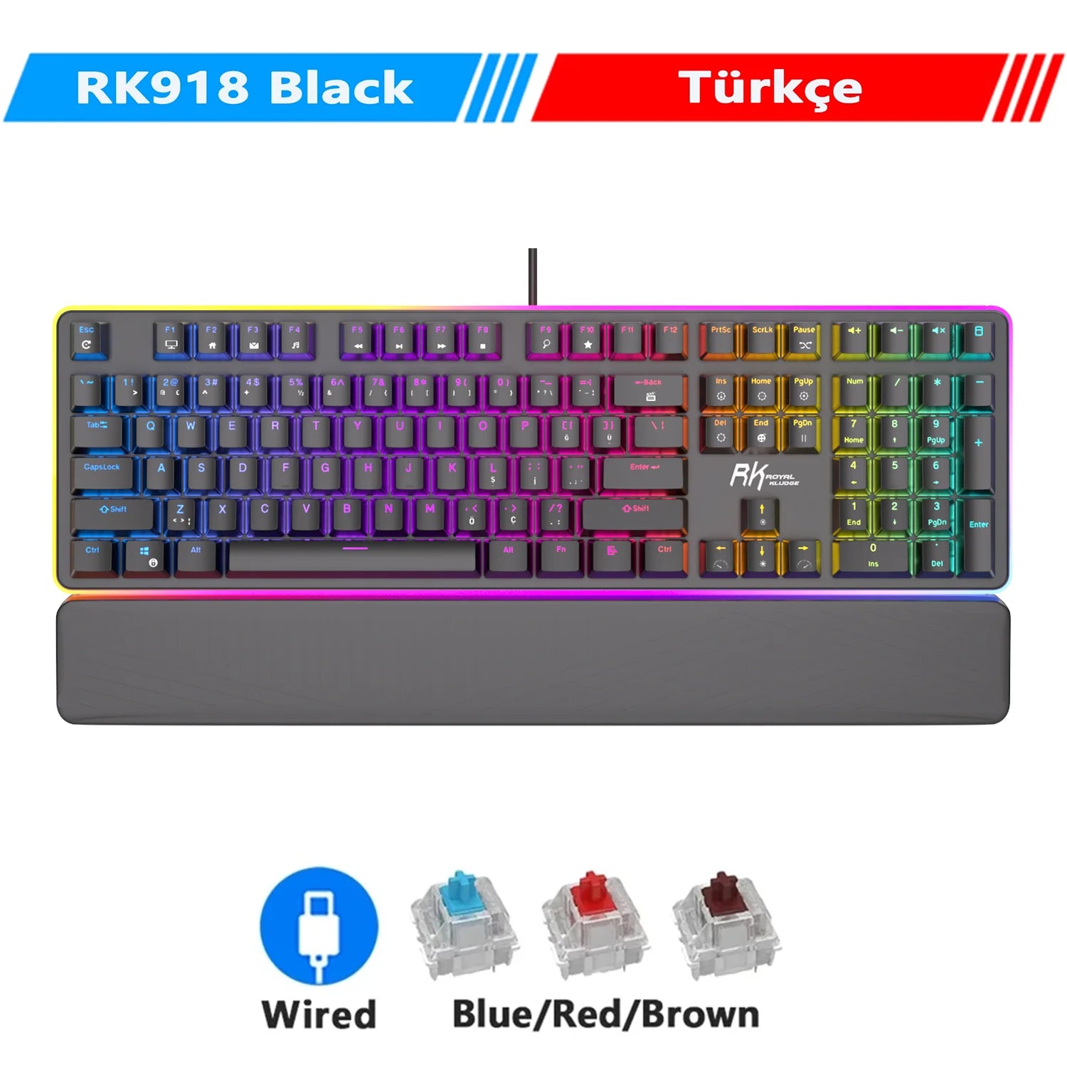 RK ROYAL KLUDGE RK918 Wired Mechanical Keyboard 108 Keys 100% RGB Backlit Gaming Keyboard with Large LED Sorrounding Side Lamp