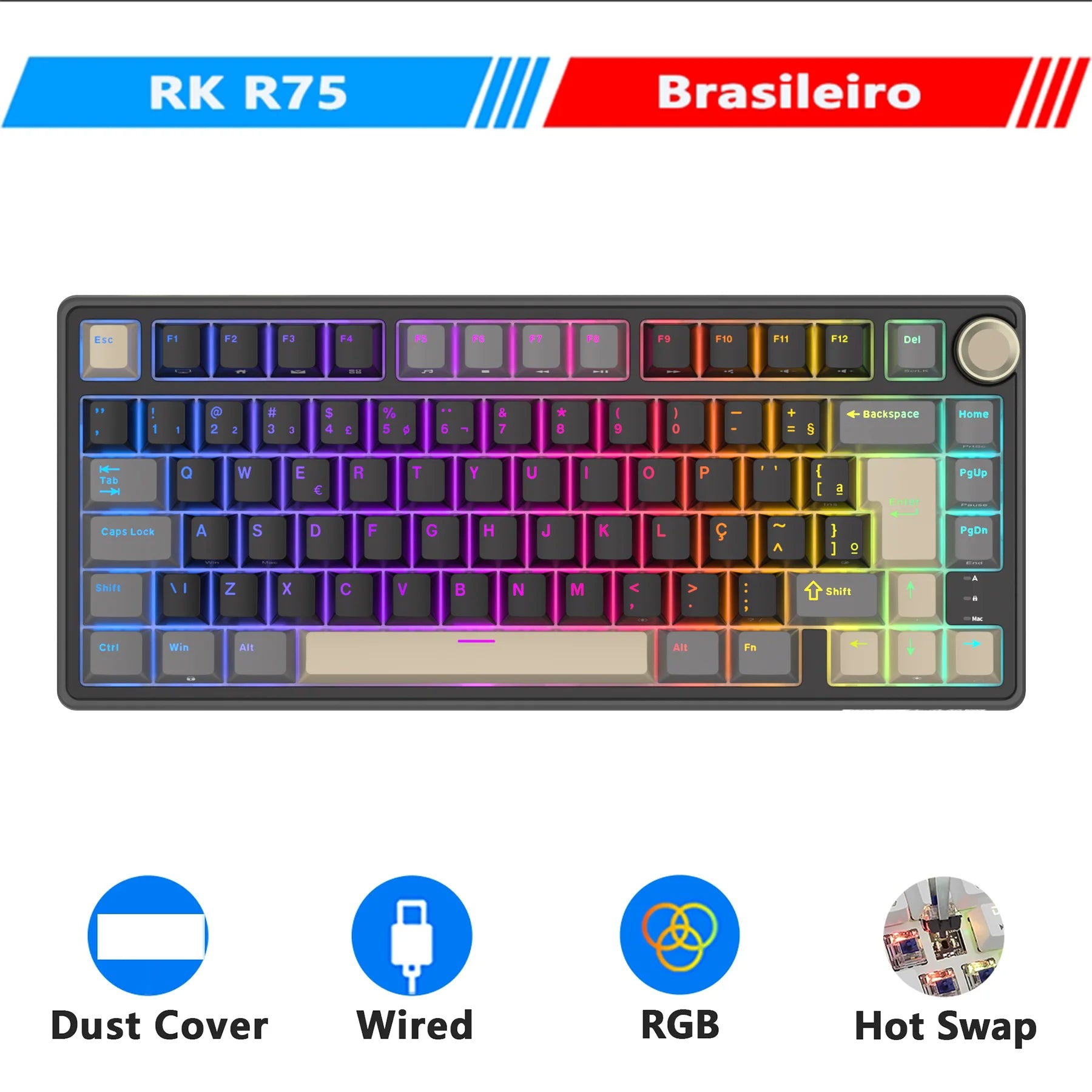 RK Royal Kludge R75 Gasket Wired Mechanical Keyboard 80 Keys RGB Backlit Hot-swappable Spanish Gamer Keyboard MDA PBT Keycaps