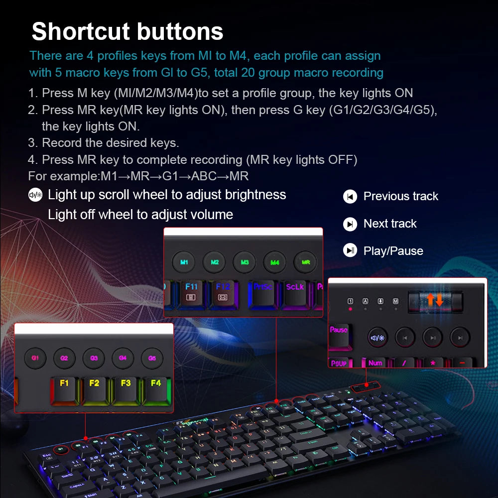 REDRAGON Horus K618 RGB support Bluetooth 5.0 wireless USB 2.4G 3 mode Mechanical Gaming Keyboard 104 Keys for Compute PC Laptop