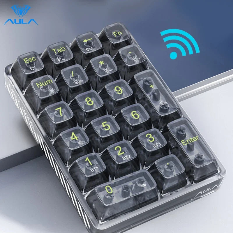 AULA Wireless Numeric Keypad White Backlight Transparent Numeric Keyboard 21 Key Bluetooth Wireless Numeric Mechanical Keyboard