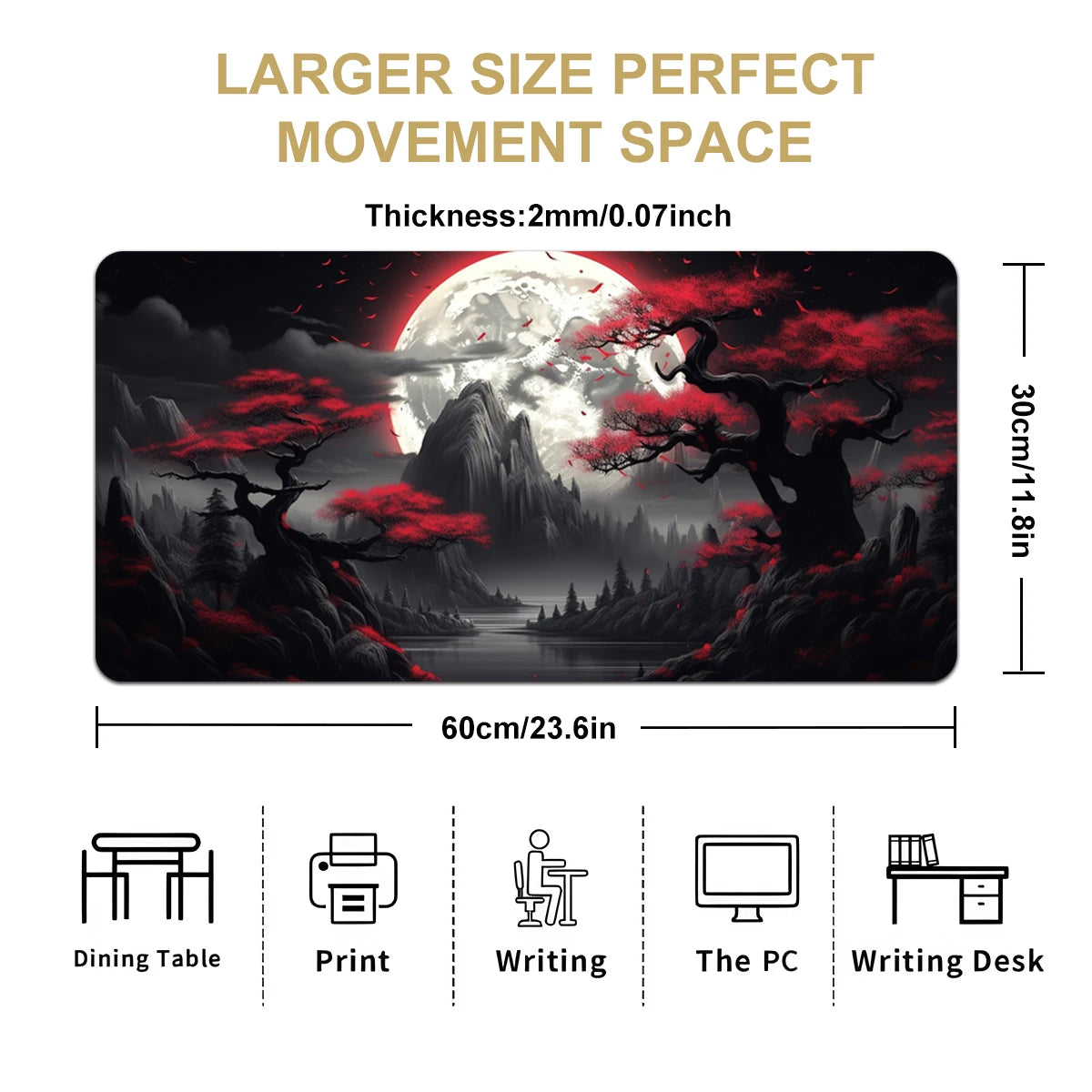 1pc Darkness Red Moon Large Gaming Mouse Pad Multi-size Non-Slip Stitched Edge Computer Keyboard Desk Mat For Office Home Gift