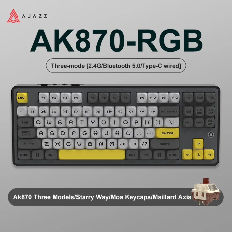 NEW AJAZZ AK870 Tri-mode RGB Bluetooth 2.4GHz Wireless Gaming Mechanical Keyboard with USB Wired 87 Keys Hot Swap for PC Laptop