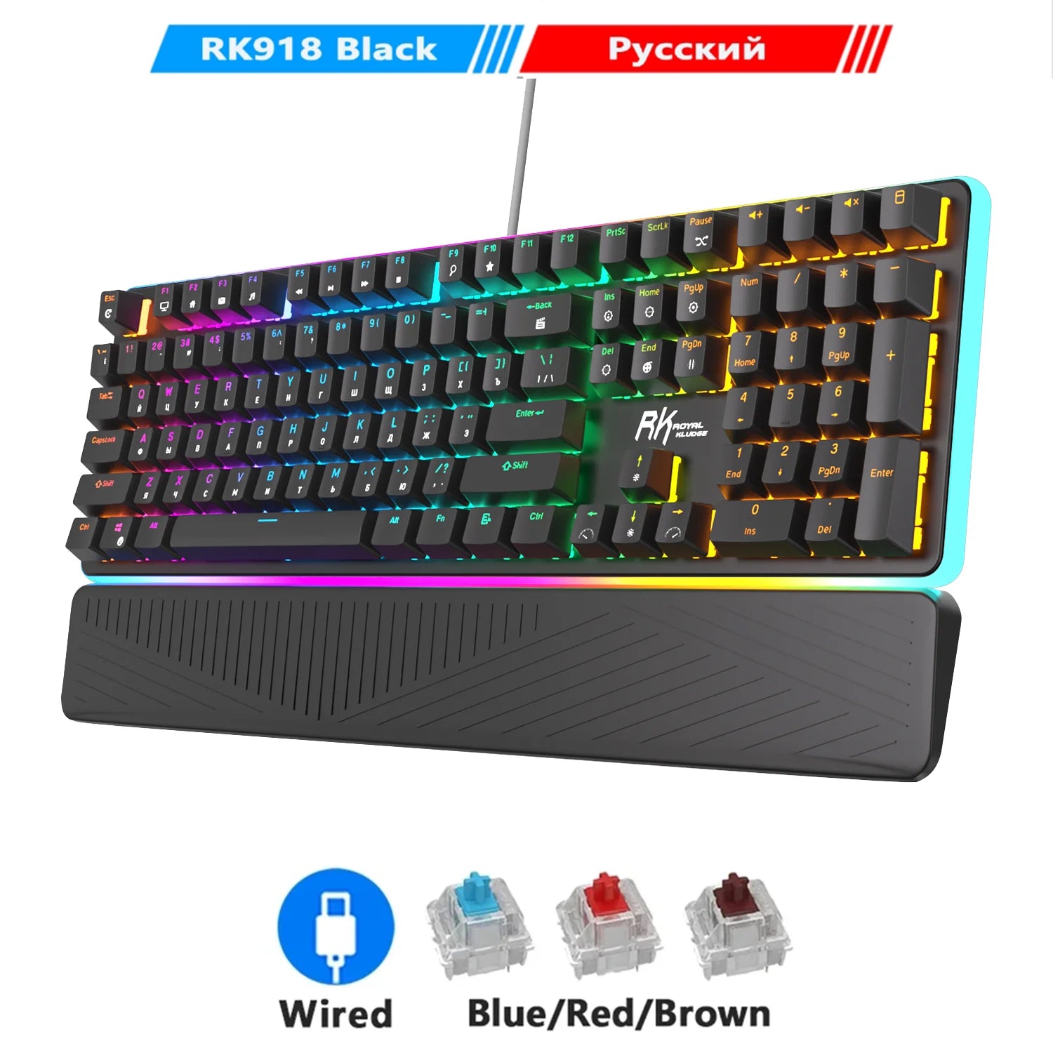 RK ROYAL KLUDGE RK918 Wired Mechanical Keyboard 108 Keys 100% RGB Backlit Gaming Keyboard with Large LED Sorrounding Side Lamp