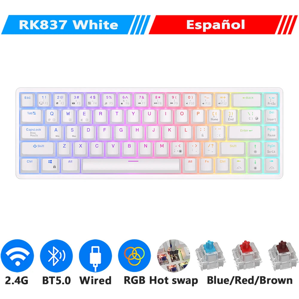 RKG68 RK837 Wireless Mechanical Keyboard 68 Key 65% RGB Backlight Hot Swappable 2.4Ghz Bluetooth USB Wired Gaming Royal Kludge