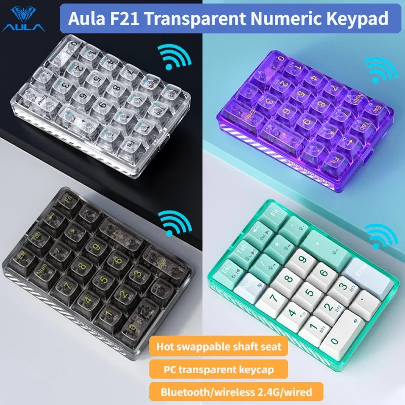 AULA F21 Wireless Numeric Keypad 21Keys Mechanical Keyboard 3Mode Wireless Bluetooth RGB Backlight Transparent Gaming Number Pad