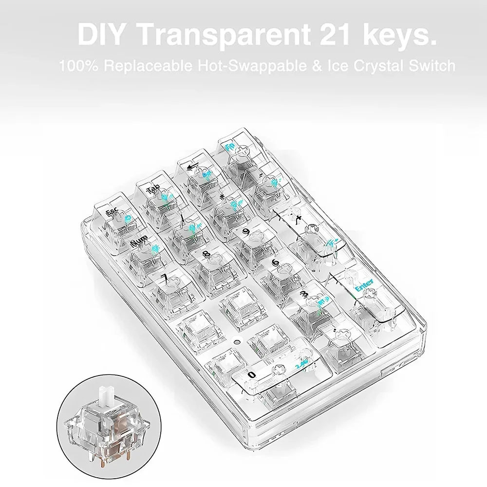 AULA Wireless Numeric Keypad White Backlight Transparent Numeric Keyboard 21 Key Bluetooth Wireless Numeric Mechanical Keyboard