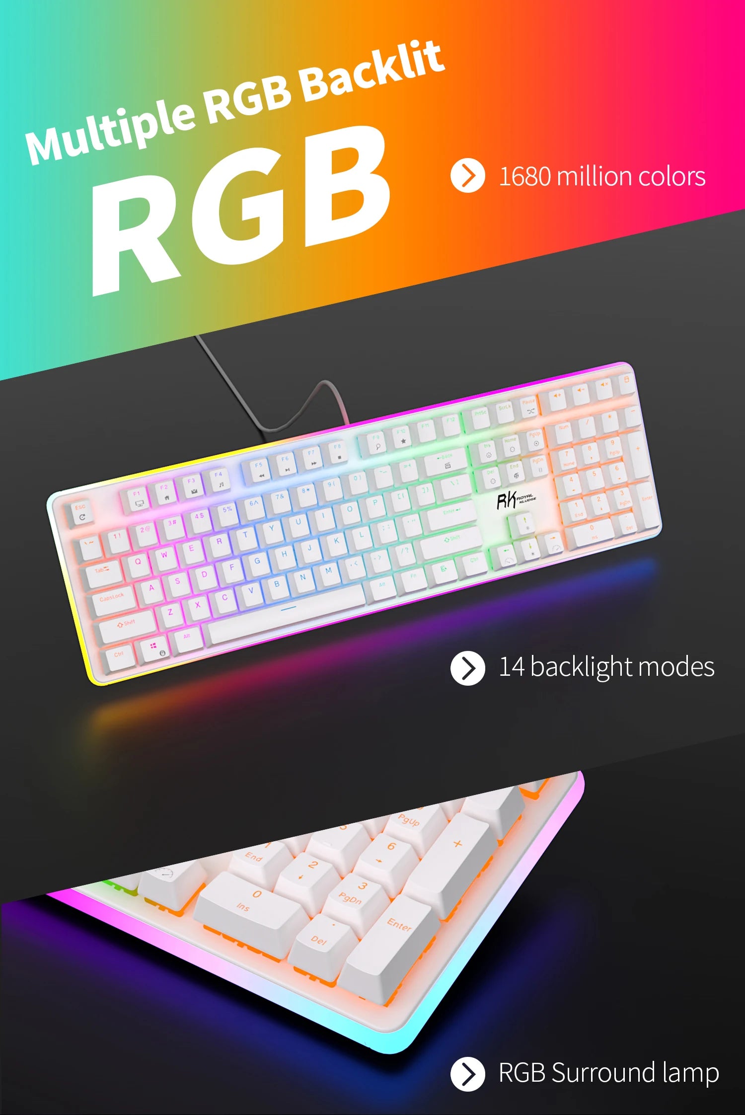 RK ROYAL KLUDGE RK918 Wired Mechanical Keyboard 108 Keys 100% RGB Backlit Gaming Keyboard with Large LED Sorrounding Side Lamp