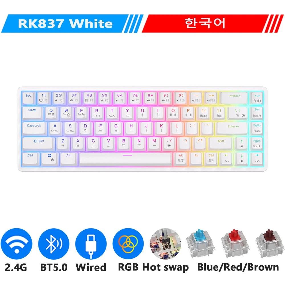 RKG68 RK837 Wireless Mechanical Keyboard 68 Key 65% RGB Backlight Hot Swappable 2.4Ghz Bluetooth USB Wired Gaming Royal Kludge