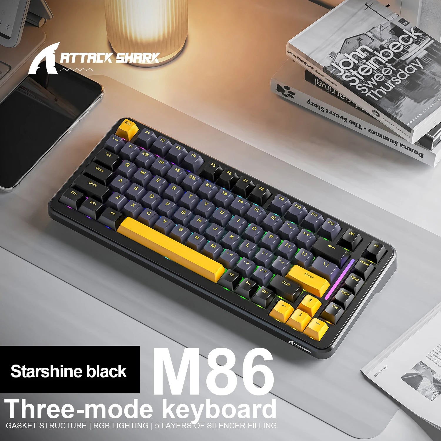 Attack Shark M86 RGB Wireless Mechanical Keyboard Bluetooth Side Carved E-Sports Game Keyboard full-key hot-swap