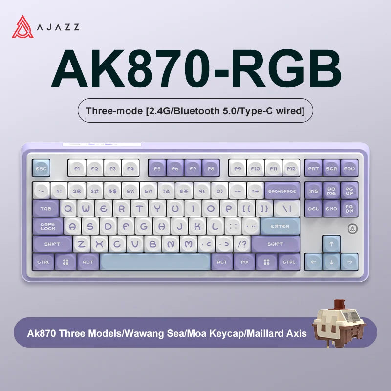 NEW AJAZZ AK870 Tri-mode RGB Bluetooth 2.4GHz Wireless Gaming Mechanical Keyboard with USB Wired 87 Keys Hot Swap for PC Laptop