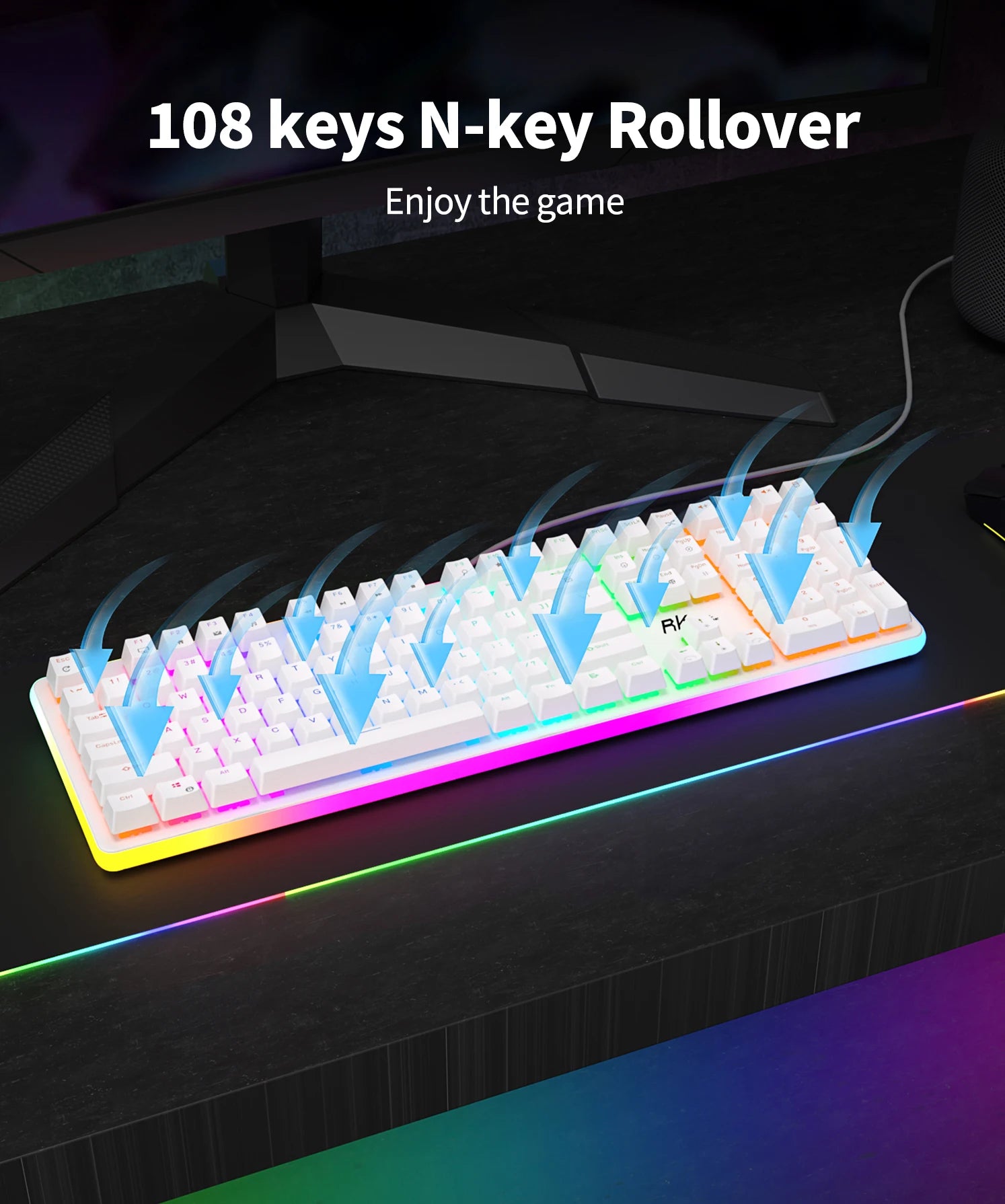 RK ROYAL KLUDGE RK918 Wired Mechanical Keyboard 108 Keys 100% RGB Backlit Gaming Keyboard with Large LED Sorrounding Side Lamp