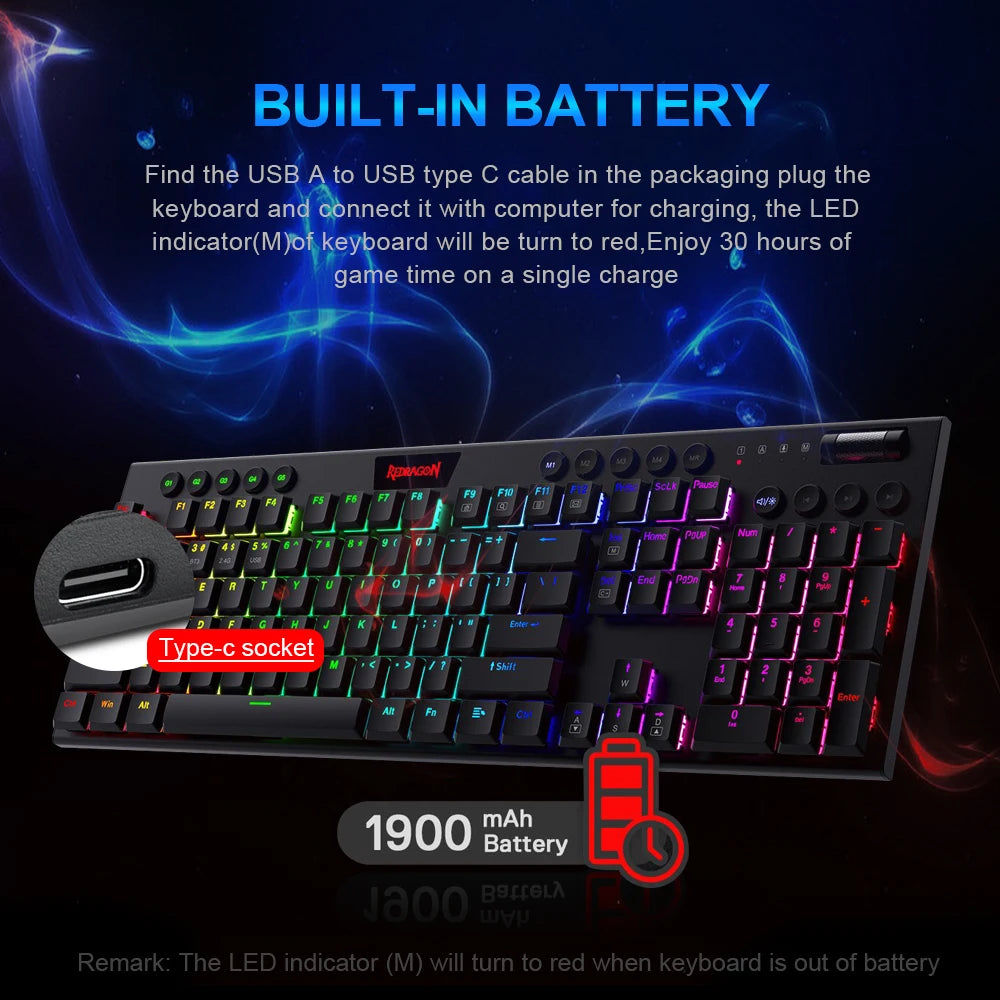 REDRAGON Horus K618 RGB support Bluetooth 5.0 wireless USB 2.4G 3 mode Mechanical Gaming Keyboard 104 Keys for Compute PC Laptop