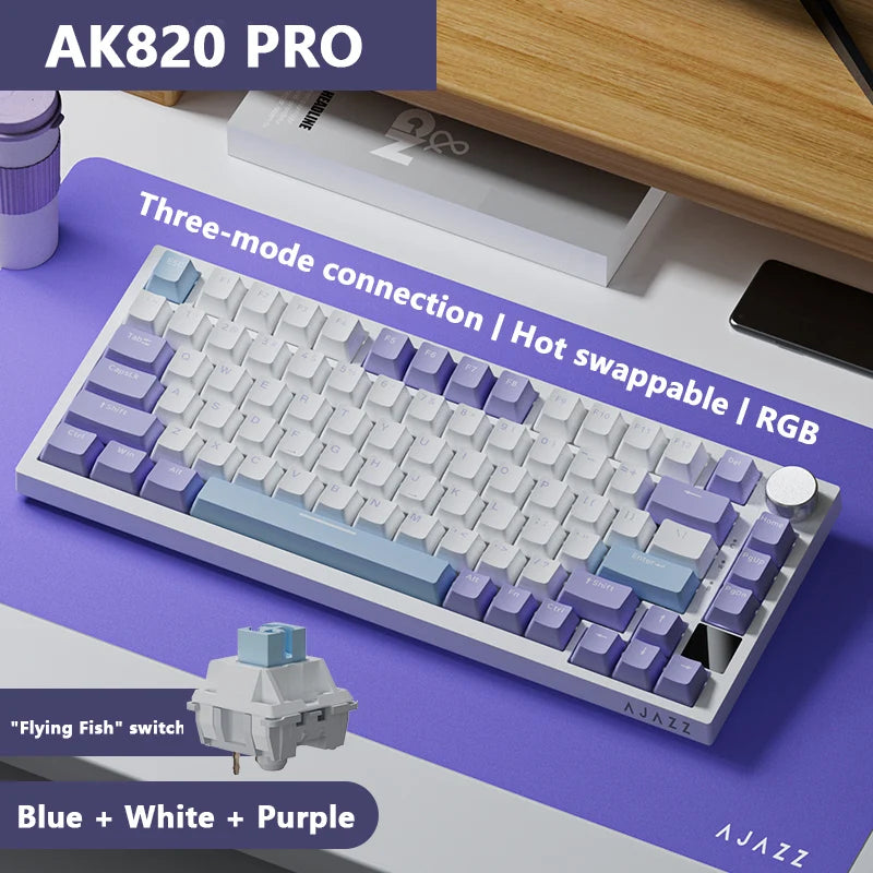 Ajazz Ak820 Mechanical Keyboard Customized Wired/Wireless 3-Mode Hot-Swap Soft Gasket Structure Rgb Backlit 75% Layout Portable