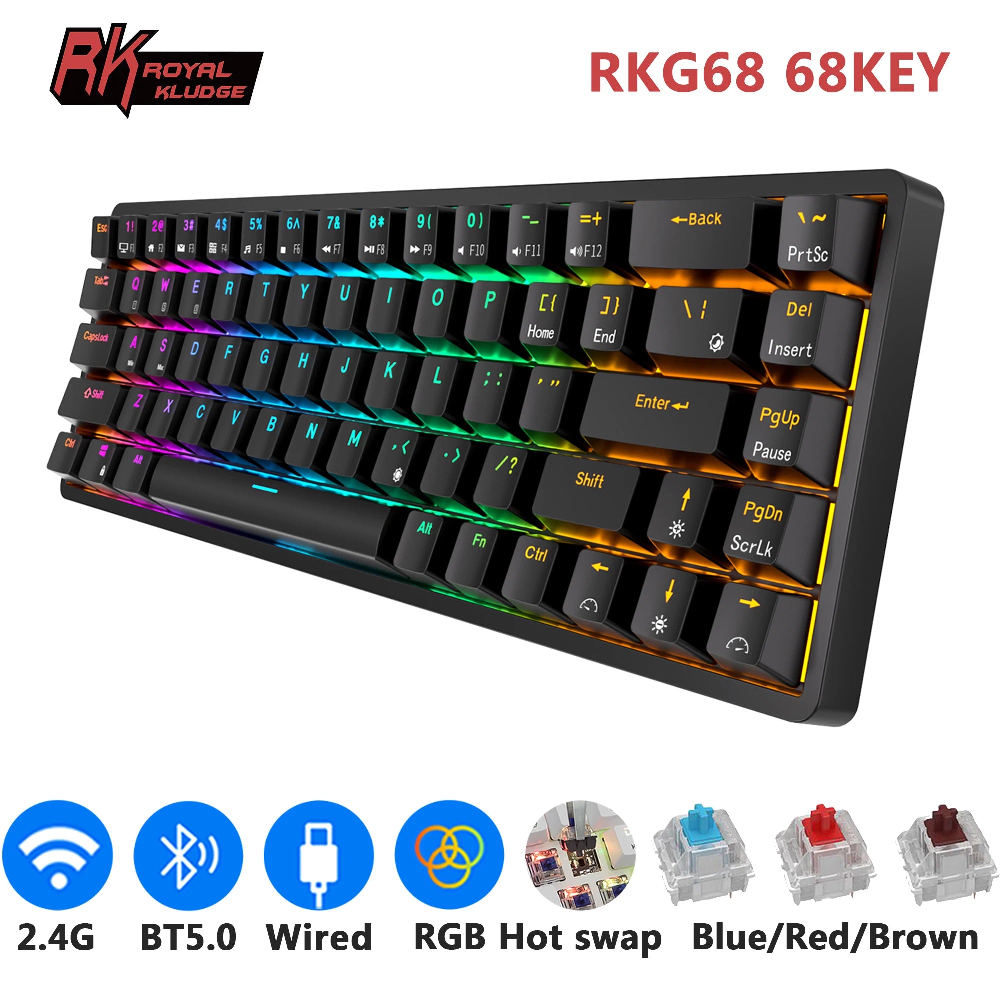 RKG68 RK837 Wireless Mechanical Keyboard 68 Key 65% RGB Backlight Hot Swappable 2.4Ghz Bluetooth USB Wired Gaming Royal Kludge