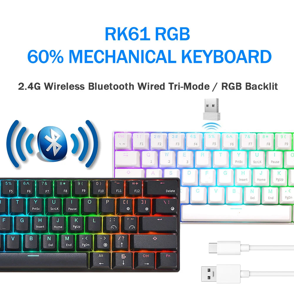 RK Royal Kludge RK61 2.4G Wireless Bluetooth Mechanical Keyboard Tri-mode 61 Keys RGB Backlit Mini Hot-swappable Gamer Keyboard