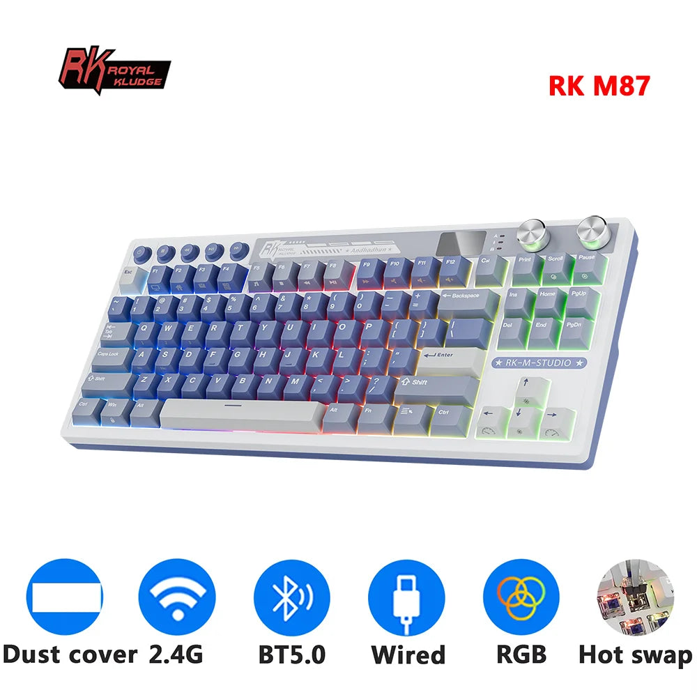 M87 RK ROYAL KLUDGE Mechanical Keyboard Wireless/Bluetooth/2.4G/USB-C Hot-Swappable Gasket Gamer Keyboard with TFT Color Screen