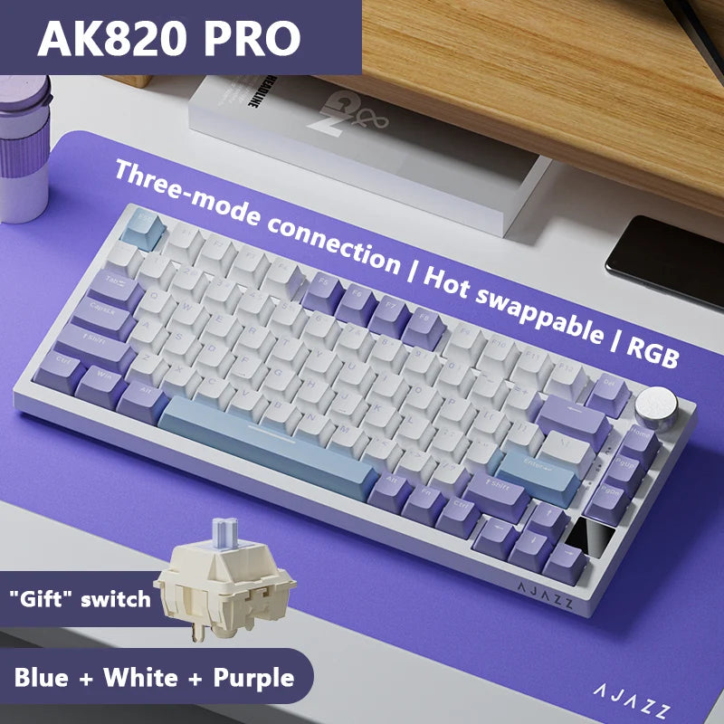 Ajazz Ak820 Mechanical Keyboard Customized Wired/Wireless 3-Mode Hot-Swap Soft Gasket Structure Rgb Backlit 75% Layout Portable