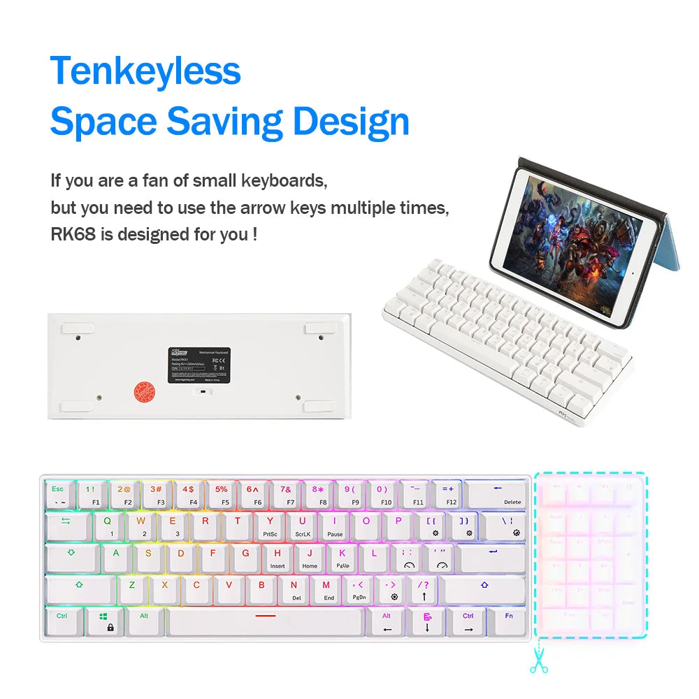 RK Royal Kludge RK61 2.4G Wireless Bluetooth Mechanical Keyboard Tri-mode 61 Keys RGB Backlit Mini Hot-swappable Gamer Keyboard