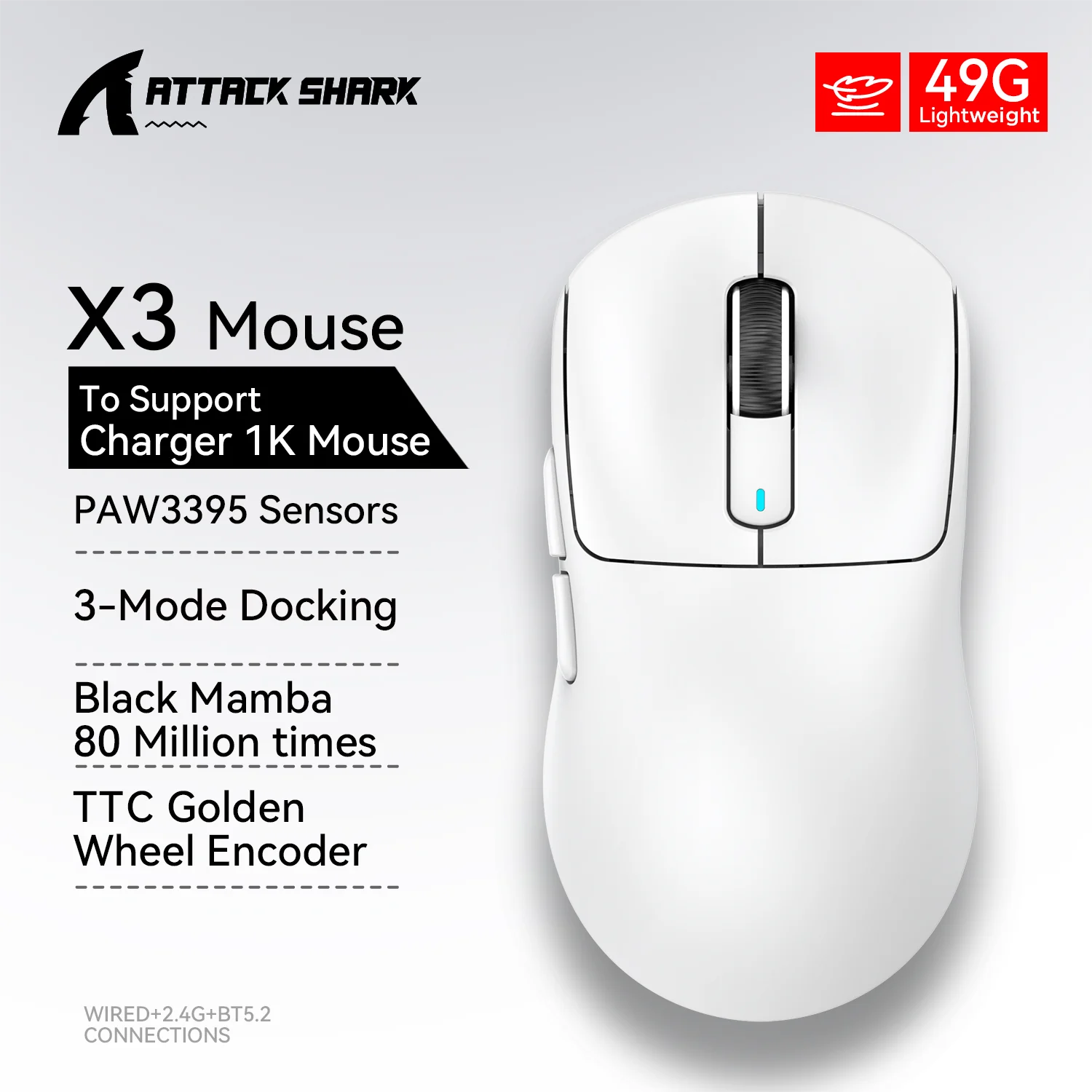 Attack Shark X3pro X3 Wireless Mouse, Macro Gaming Mouse,Lightweight Mouse,PixArt PAW3395 650IPS 26000dpi,Mouse for pad/pc/mac